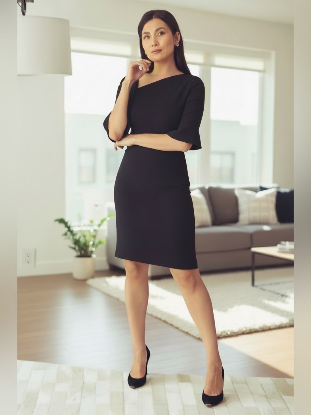 Nora Gardner Black Sheath Dress with Bell Sleeves Sz 2